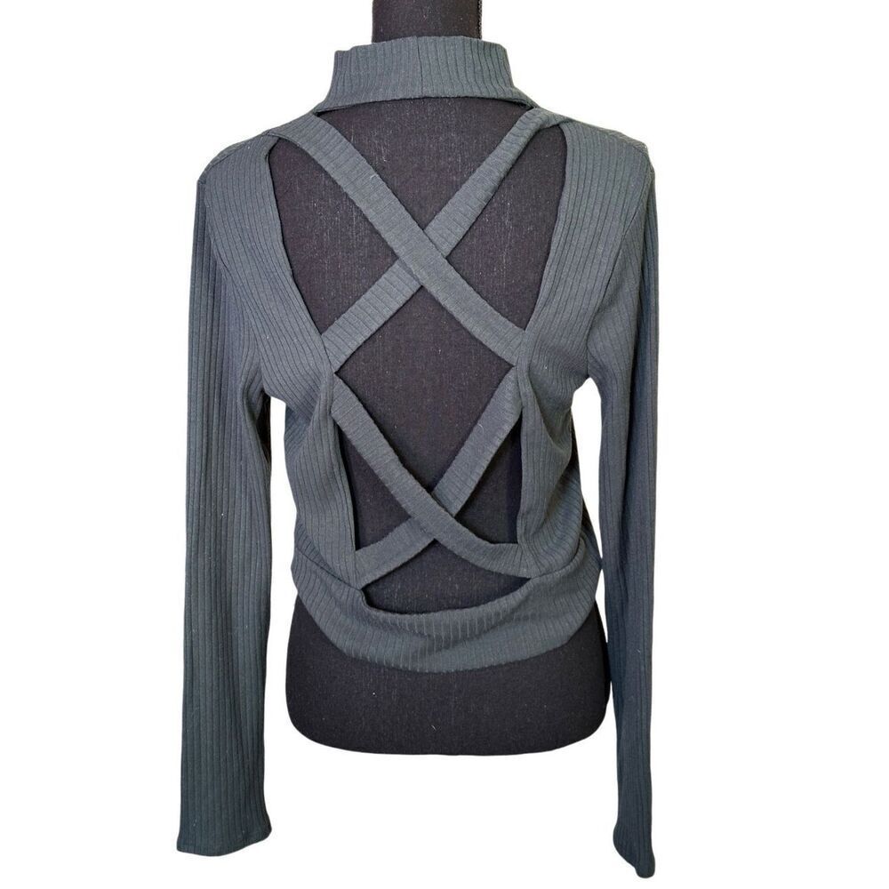 Mixed Threads Dark Green Open Back Criss Cross Ribbed Crop Top Mock Neck Sz Larg
